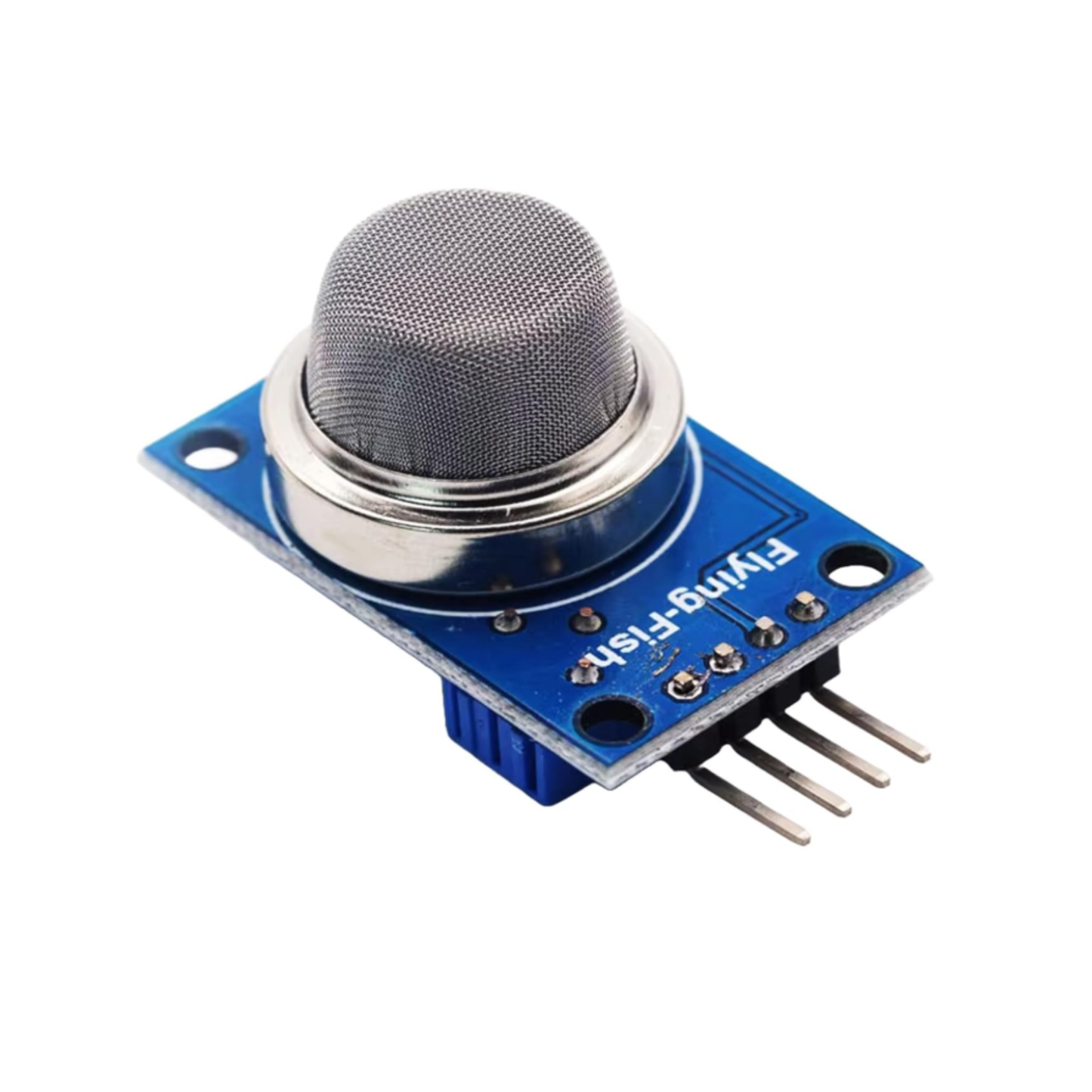 Top view of ShillehTek MQ-2 Flammable Gas & Smoke Sensor Module with metal mesh and pins