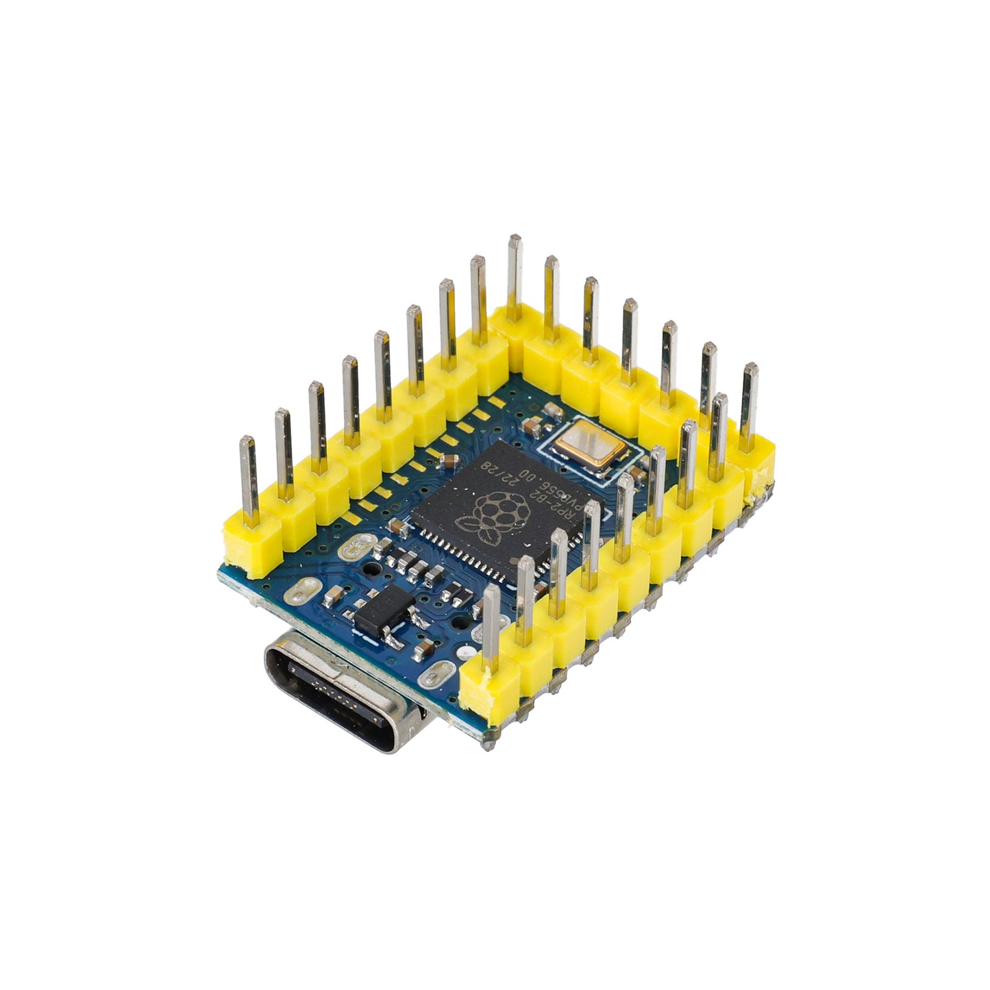top view of ShillehTek RP2040 Zero Microcontroller Board with yellow headers and main chip