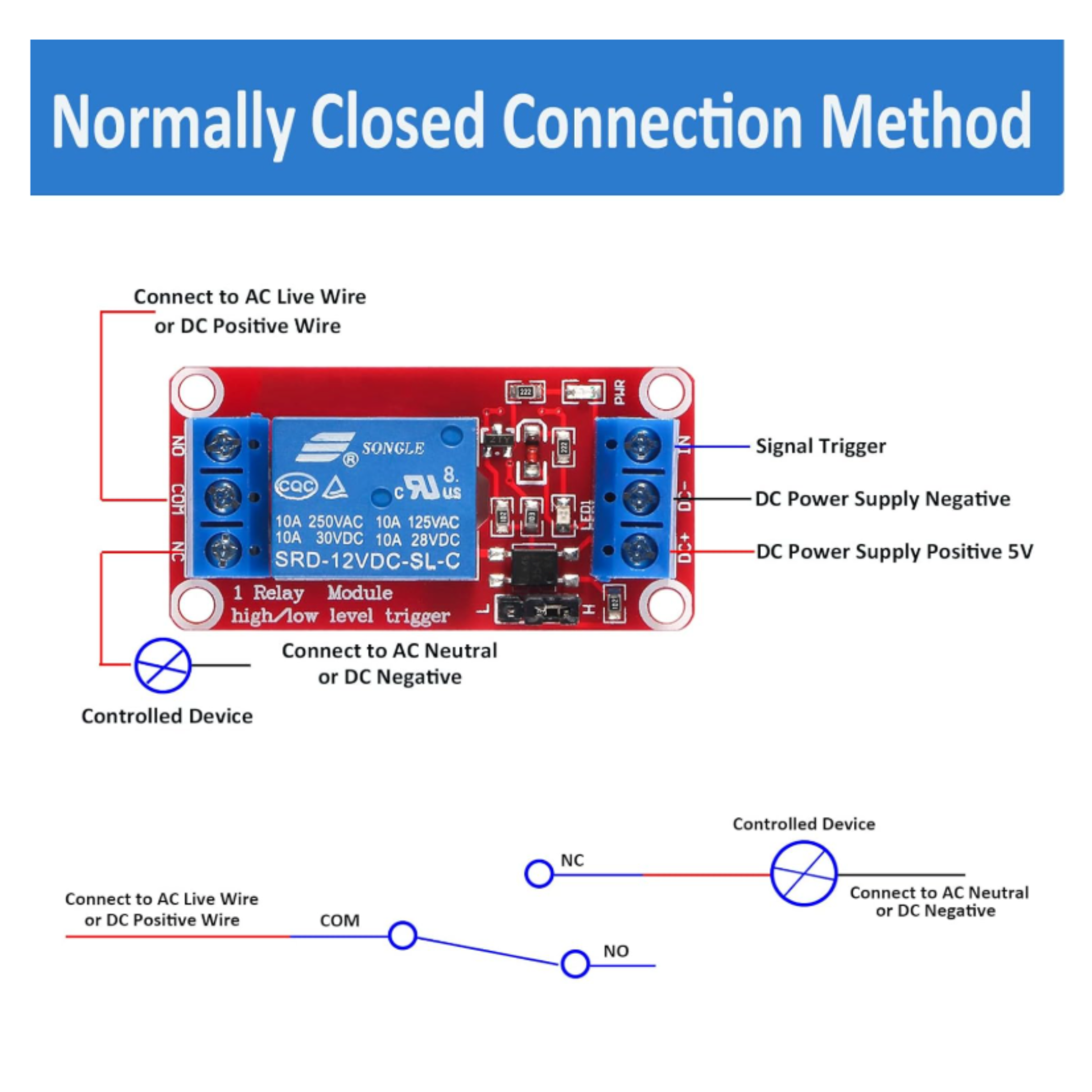 ShillehTek relay module wiring diagram for normally closed connection method