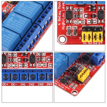 Close up collage of relay, jumper pins, and terminals on ShillehTek 4-Channel 12V Relay Module