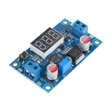 Angled view of ShillehTek LM2596 buck converter showing digital display and components