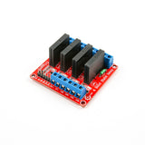 4-channel 5V solid state relay module with blue terminal blocks and black relays for Arduino and ESP32