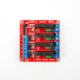 4-channel 5V solid state relay module with blue terminal blocks and red PCB for Arduino and ESP32