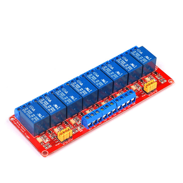 ShillehTek 8-channel 24V relay module with blue relays on red PCB