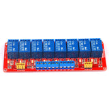 Front view of ShillehTek 8-channel relay module with eight blue relays