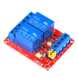 Close-up of ShillehTek 2-channel relay module showing dual blue relay switches