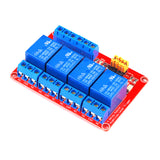 Close-up of ShillehTek 4-channel 24V relay module terminal blocks and blue relays