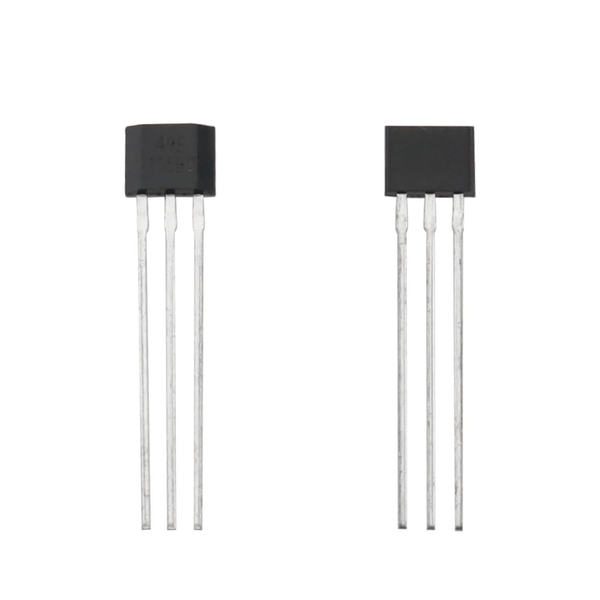 49E linear hall effect magnetic sensor with three metal pins shown from front and back sides