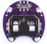 Front view of ShillehTek Lilypad CR2032 coin cell battery holder with visible on/off switch