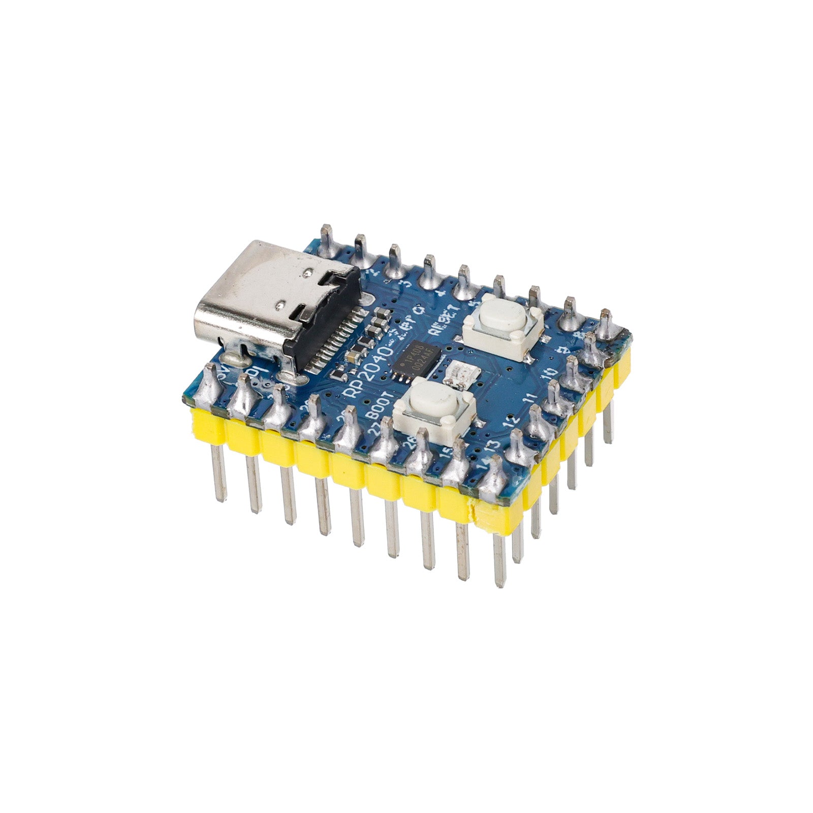 angled view of ShillehTek RP2040 Zero Microcontroller Board with pre-soldered headers