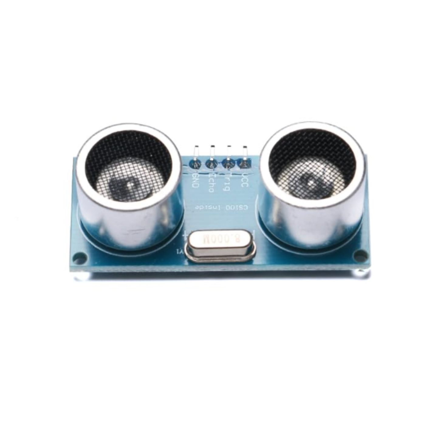 Top close-up of ShillehTek HC-SR04 Ultrasonic Distance Sensor with electronic components labeled