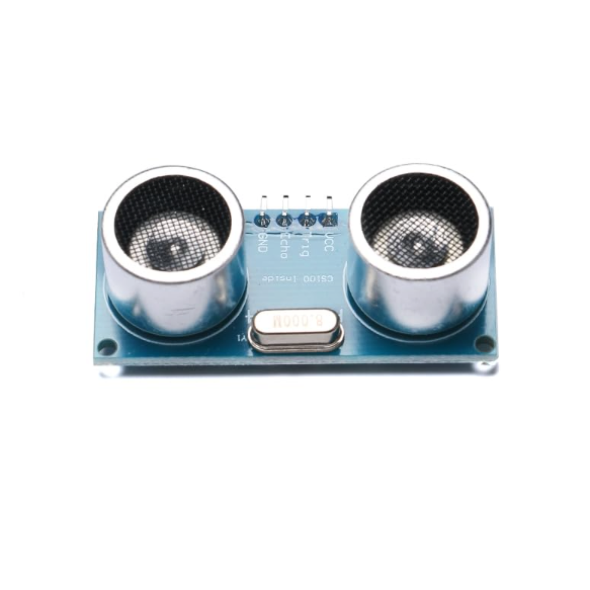 Top close-up of ShillehTek HC-SR04 Ultrasonic Distance Sensor with electronic components labeled