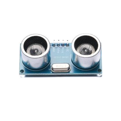 Top close-up of ShillehTek HC-SR04 Ultrasonic Distance Sensor with electronic components labeled