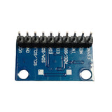 Backside view of blue ShillehTek MPU9250 GY-9250 Accelerometer Sensor with pin headers