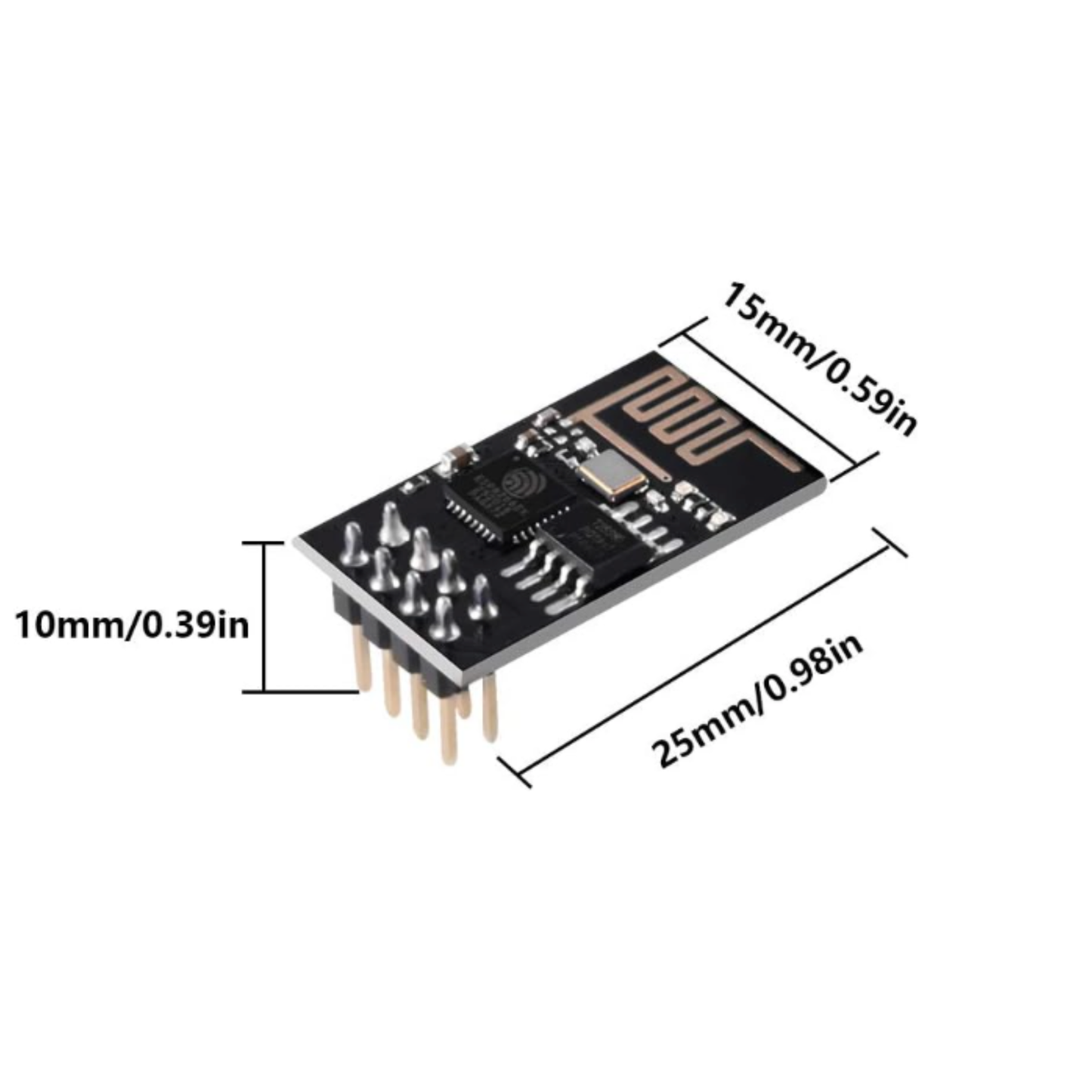 ShillehTek ESP8266 ESP-01 Module with dimension labeled in millimeters and inches