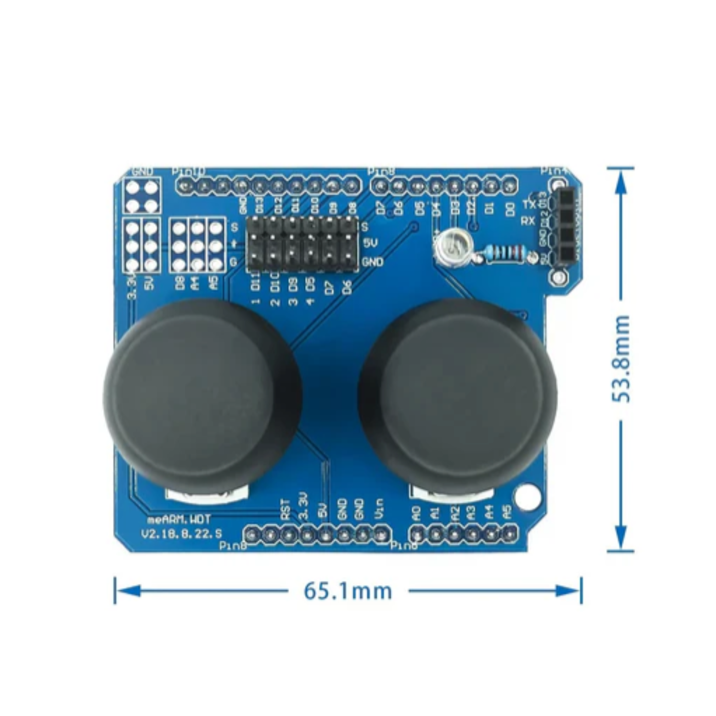 Front view with dimensions of ShillehTek Joystick Shield V1.A showing joystick caps and PCB layout