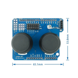 Front view with dimensions of ShillehTek Joystick Shield V1.A showing joystick caps and PCB layout