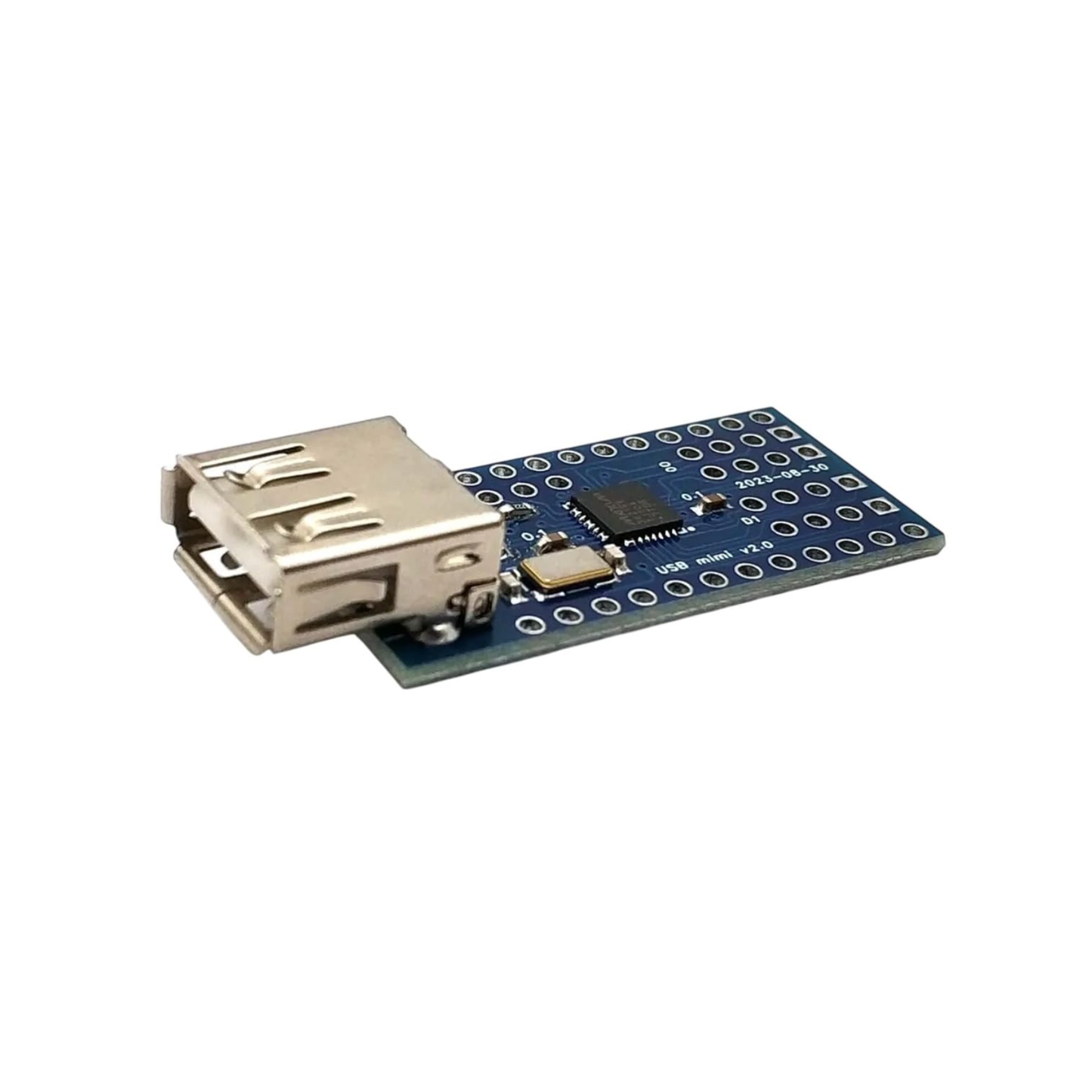 Side angle view of ShillehTek Mini USB Host Shield 2.0 ADK circuit board and USB port