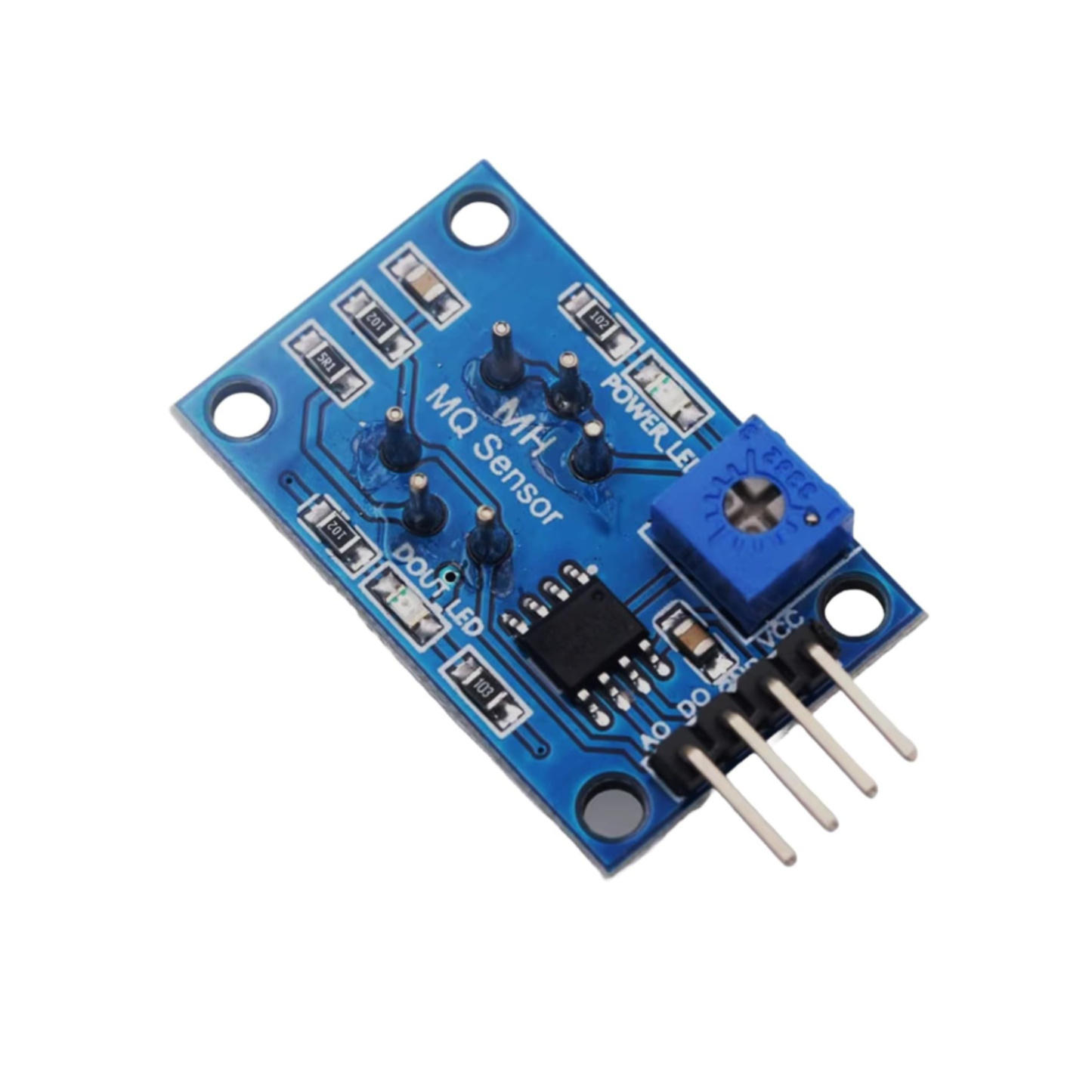 Close-up of ShillehTek MQ-2 sensor module back side showing pins and blue potentiometer