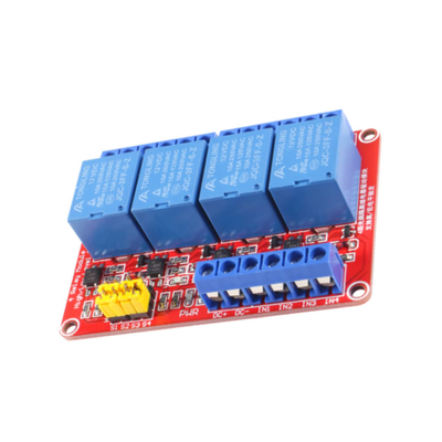 Red circuit board with four blue relays and blue terminal blocks ShillehTek 4-Channel 12V Relay Module Board