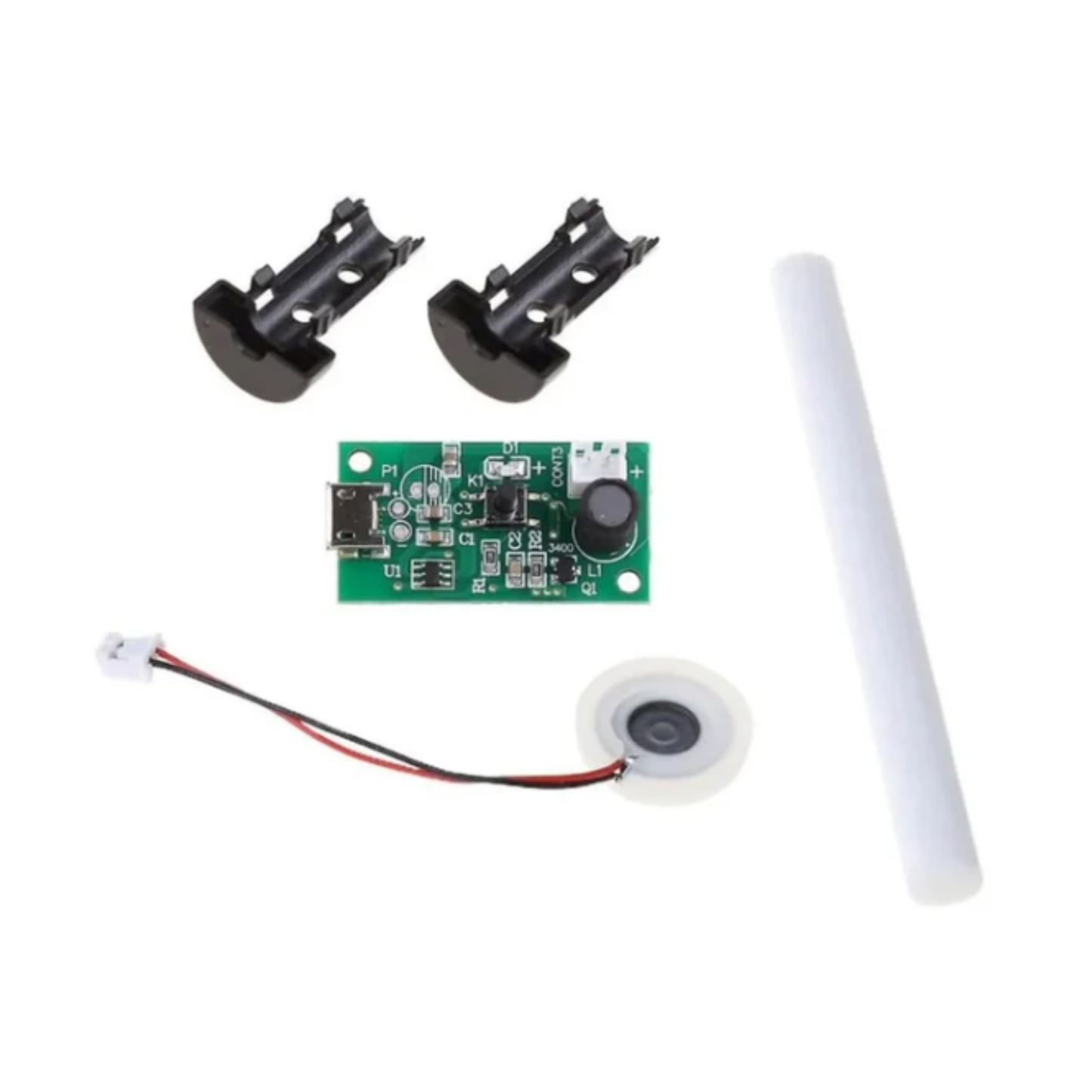 ShillehTek humidifier module components including battery holders and mist maker plate