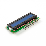 Side angle of ShillehTek LCD1602 16x2 LCD module showing pins and blue display