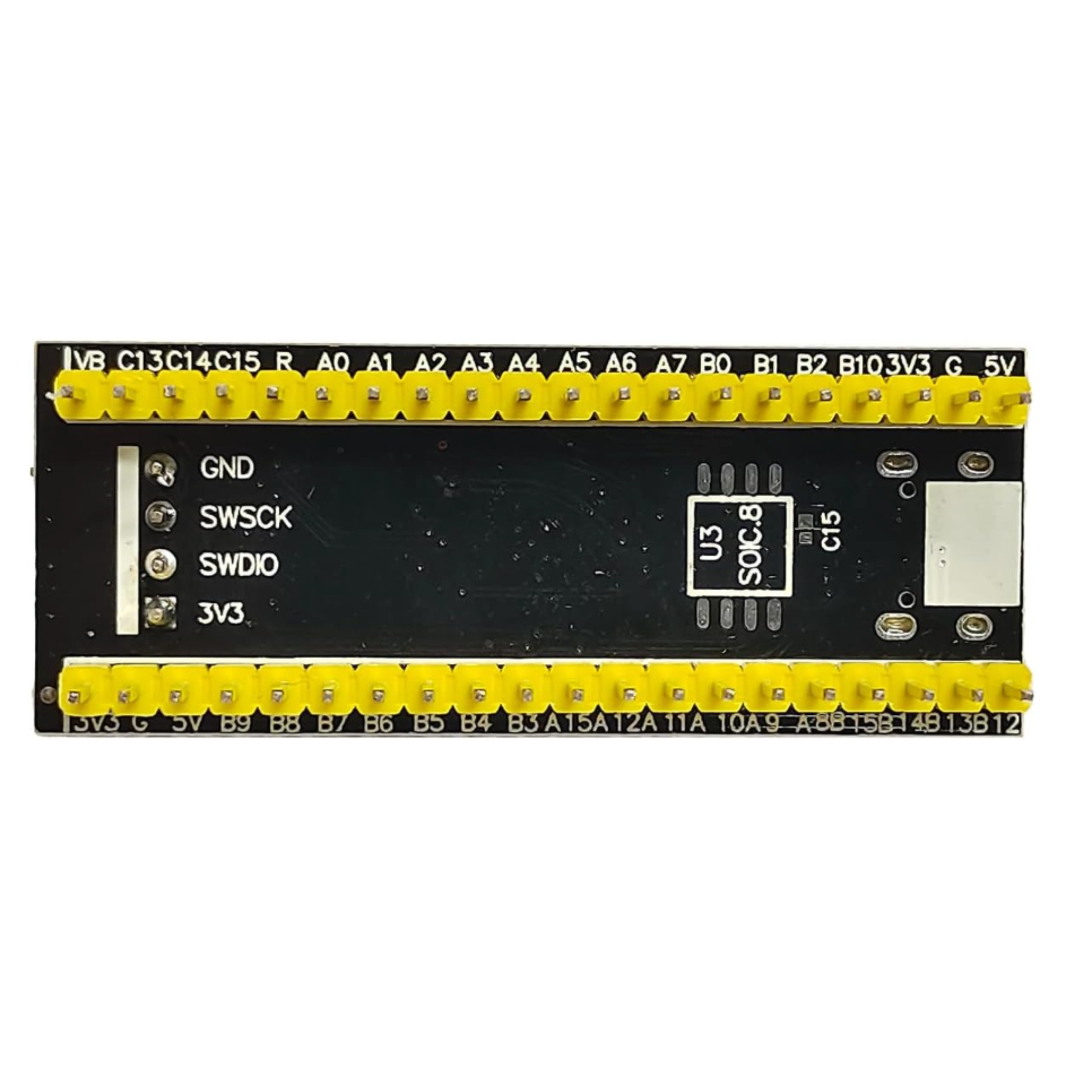 Bottom view of ShillehTek STM32F411CEU6 Black Pill ARM Board with yellow pin headers