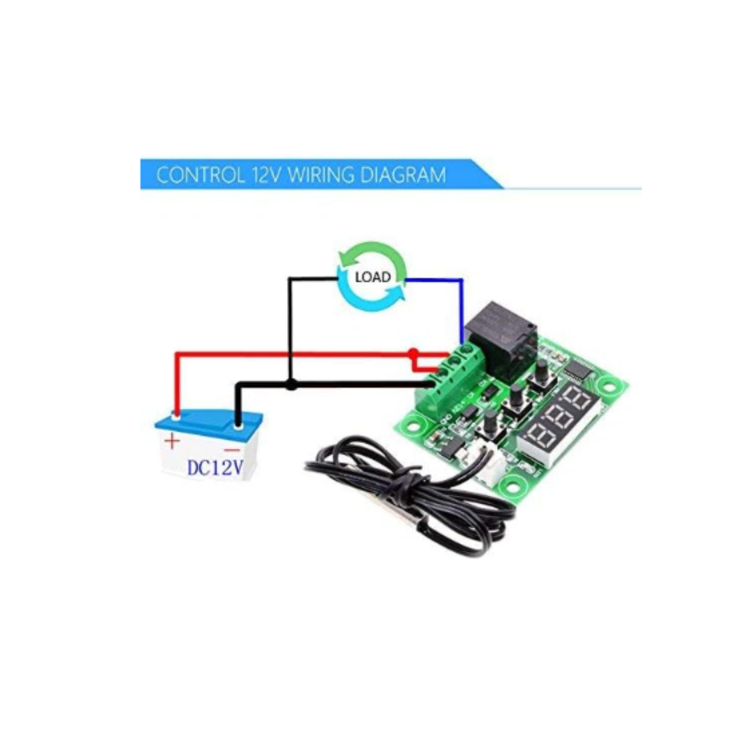 Wiring diagram for ShillehTek W1209 showing 12V load and relay connection details