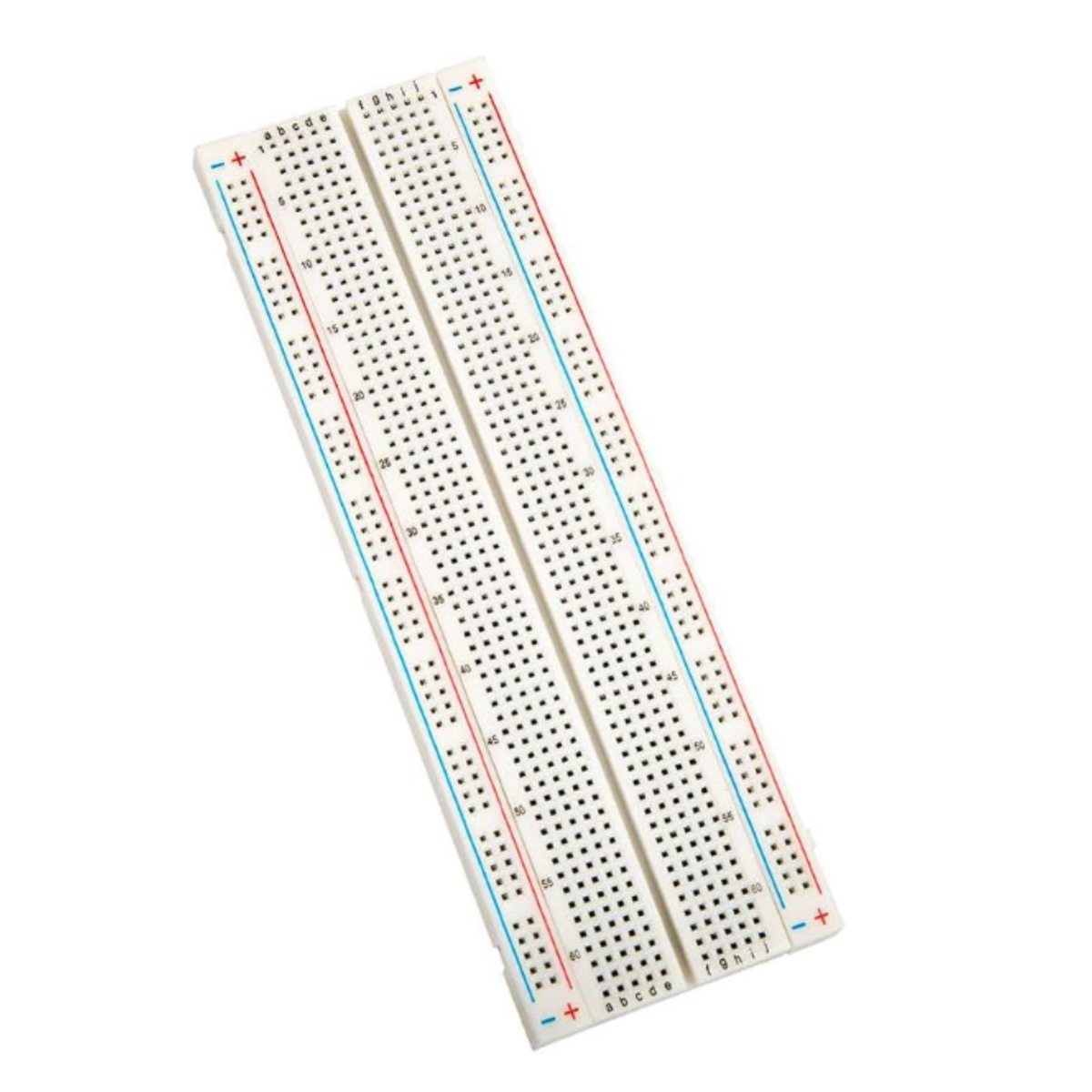 Top-down view of 830 point solderless breadboard for Arduino ESP32