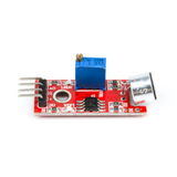 Top view of ShillehTek KY-037 sound sensor with blue potentiometer and microphone