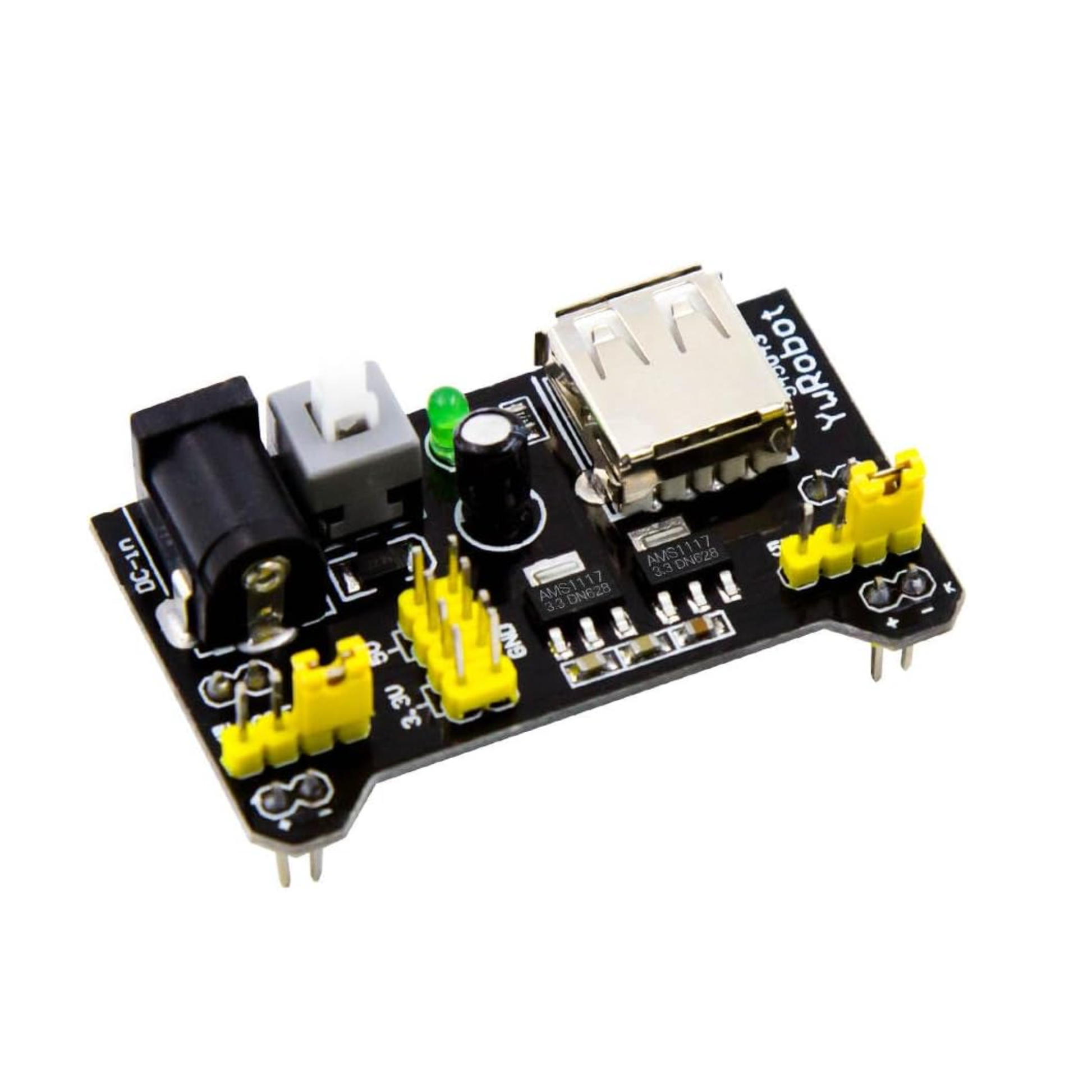 ShillehTek MB102 Arduino power supply module on blue background highlighting compatibility with Raspberry Pi and microcontrollers