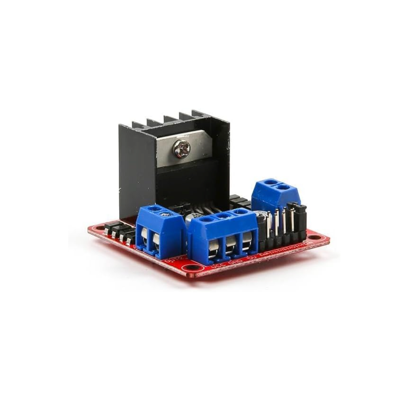 Angled view of red PCB ShillehTek L298N Motor Driver Board with heat sink and blue terminals