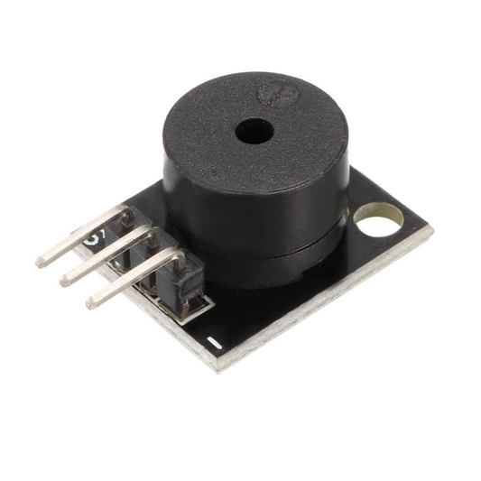 Close-up of ShillehTek KY-006 passive piezo buzzer alarm module with pins