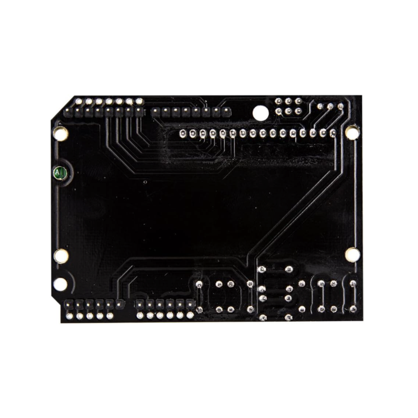 Back side of LCD1602 16x2 Keypad Shield showing solder points and circuit paths