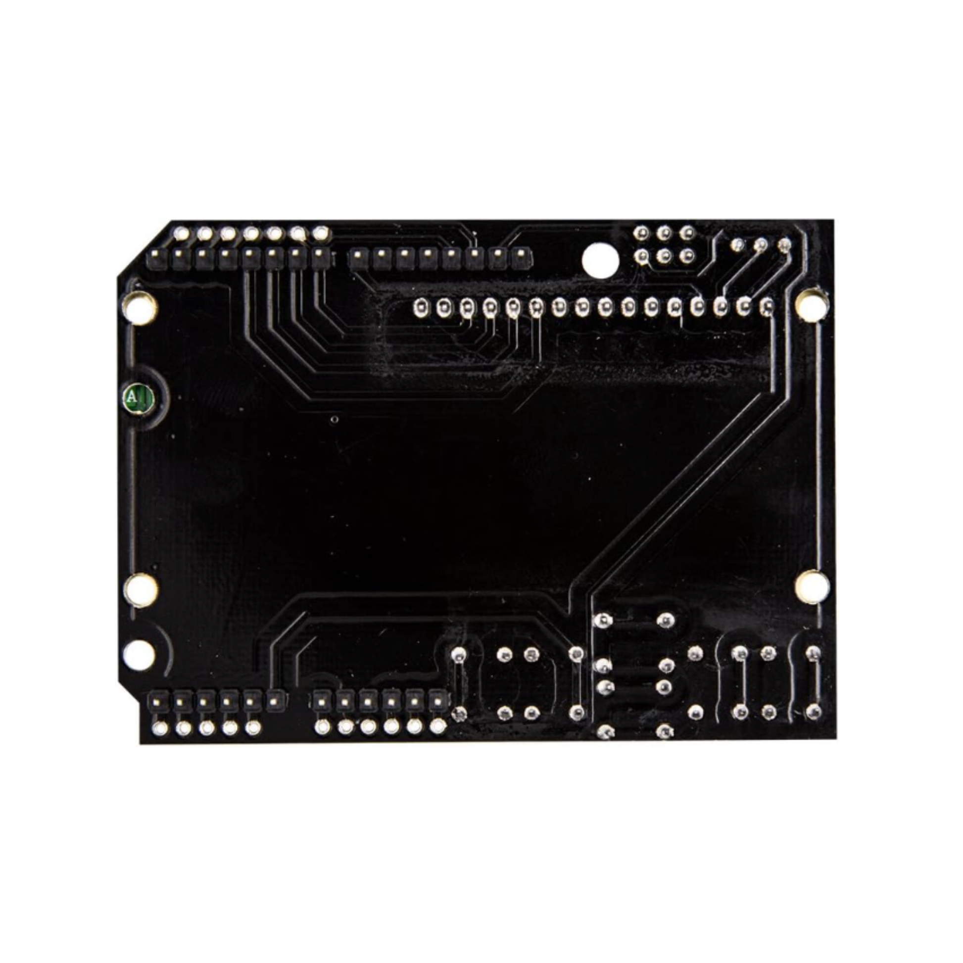 Back side of LCD1602 16x2 Keypad Shield showing solder points and circuit paths