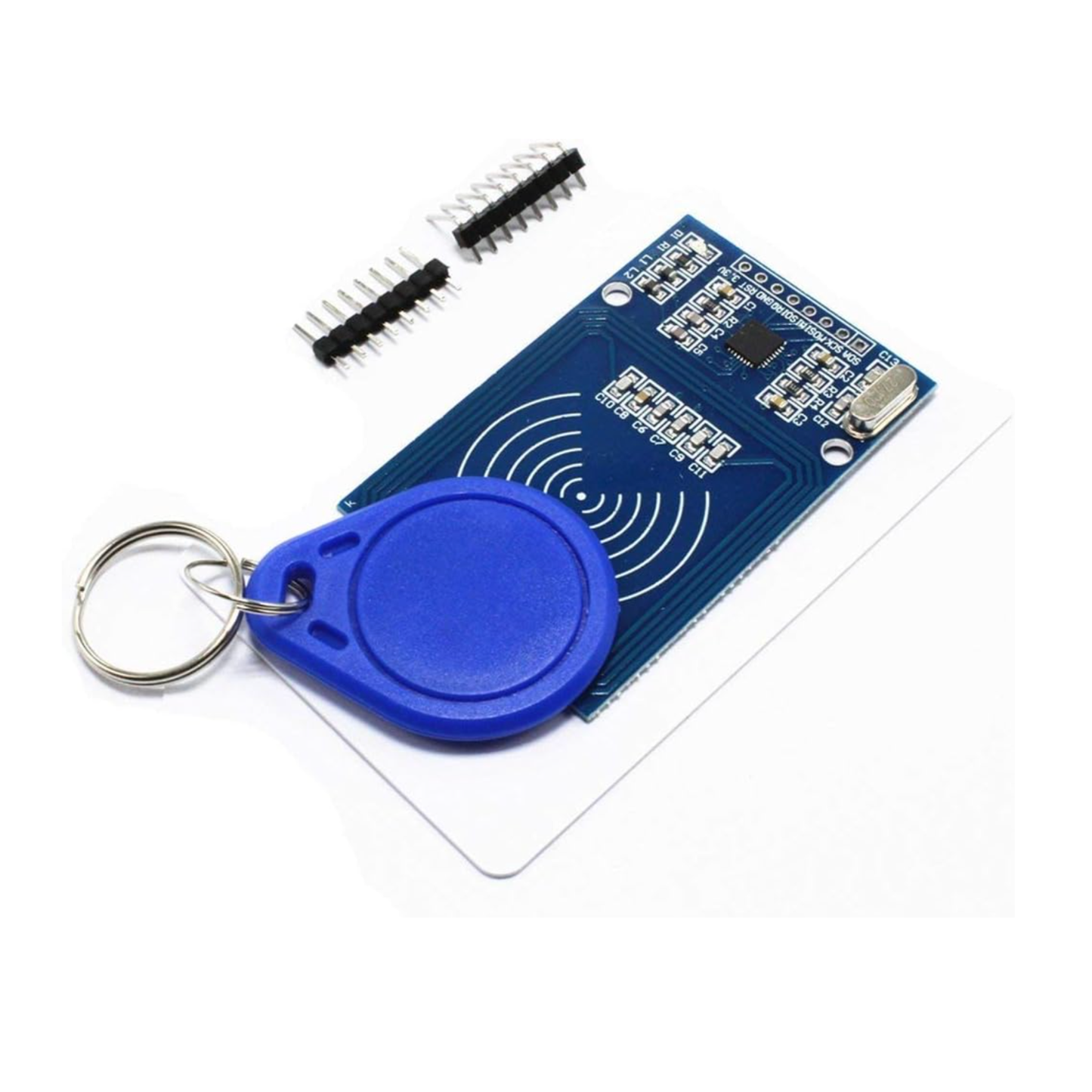 Close-up of ShillehTek RC522 RFID module with blue key fob and pin headers