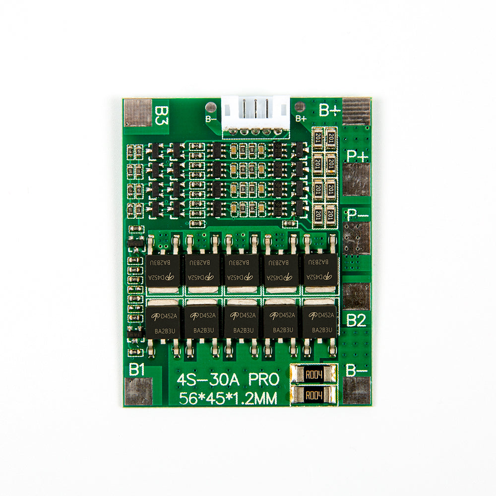4S 30A lithium battery protection board with multiple components and connection terminals on green PCB
