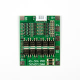 4S 30A lithium battery protection board with multiple components and connection terminals on green PCB
