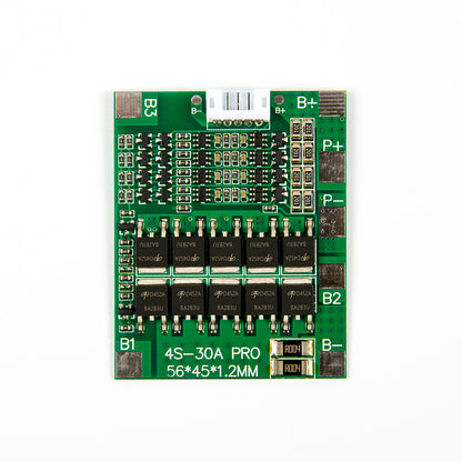 4S 30A lithium battery protection board with multiple components and connection terminals on green PCB