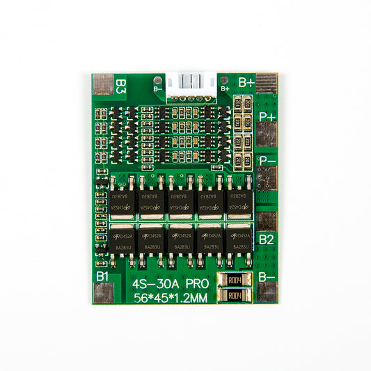 4S 30A lithium battery protection board with multiple components and connection terminals on green PCB