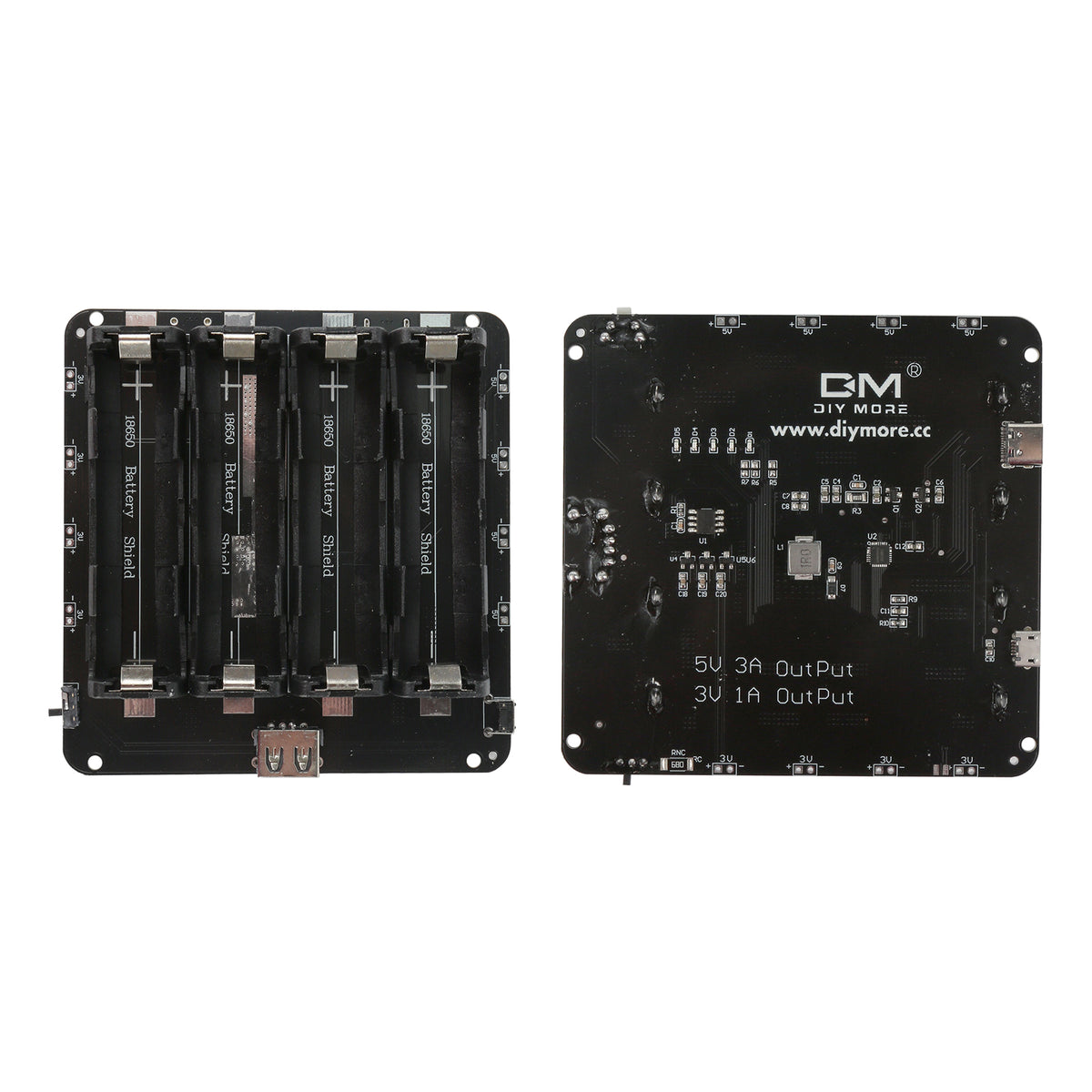 4x18650 lithium battery shield with USB output for ESP32 and Arduino, showing front battery slots and back circuit board