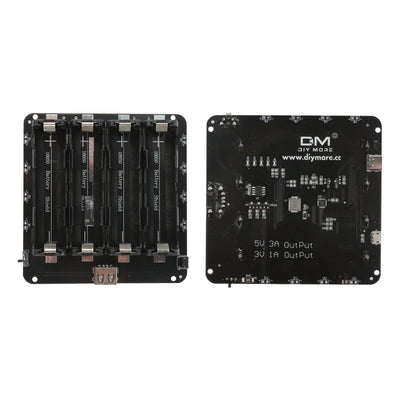 4x18650 lithium battery shield with USB output for ESP32 and Arduino, showing front battery slots and back circuit board