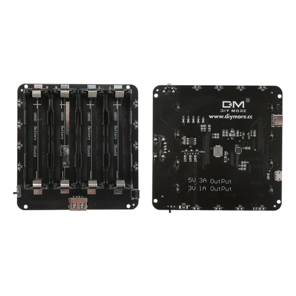4x18650 lithium battery shield with USB output for ESP32 and Arduino, showing front battery slots and back circuit board