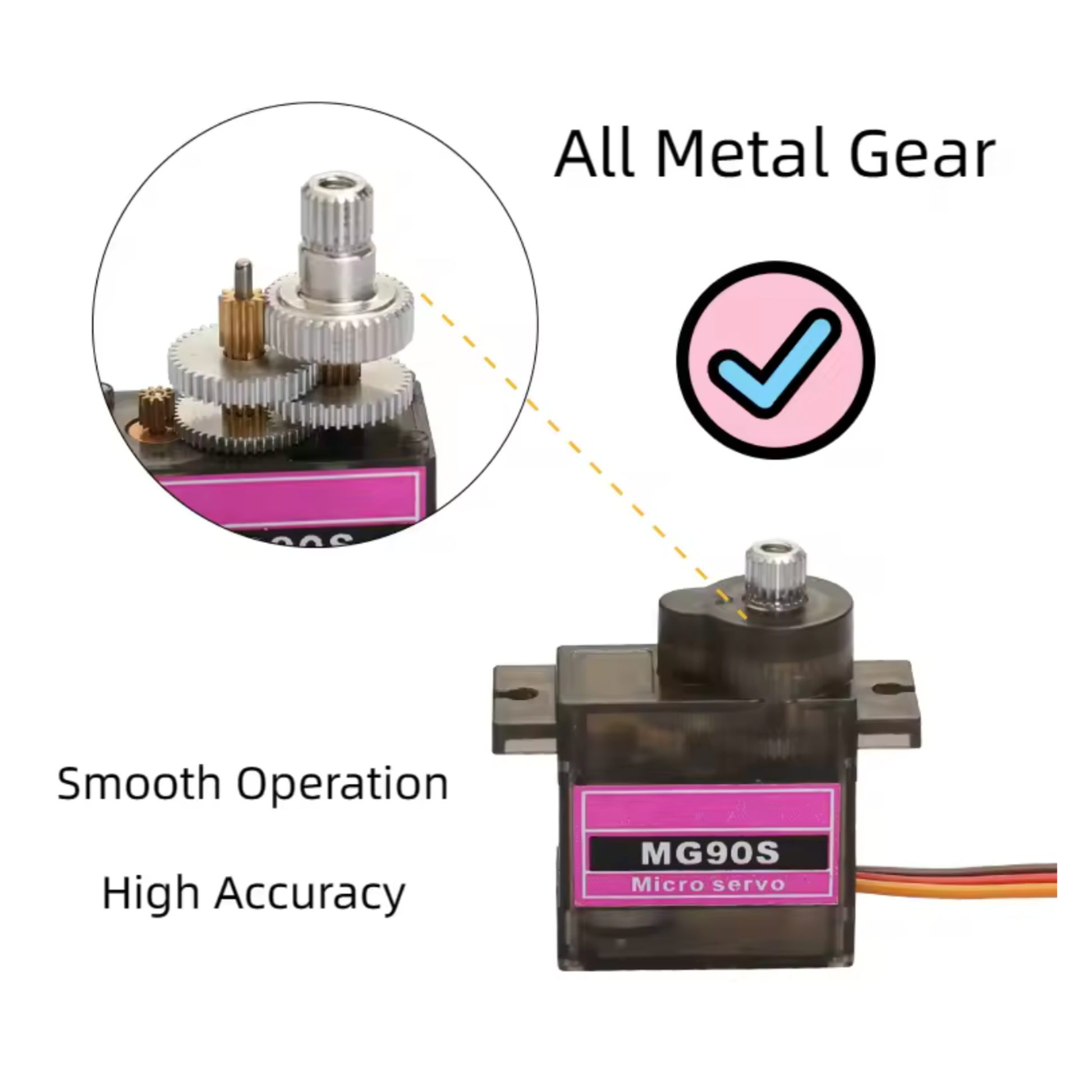 ShillehTek MG90S micro servo motor displayed with different black plastic arms and mounting screws