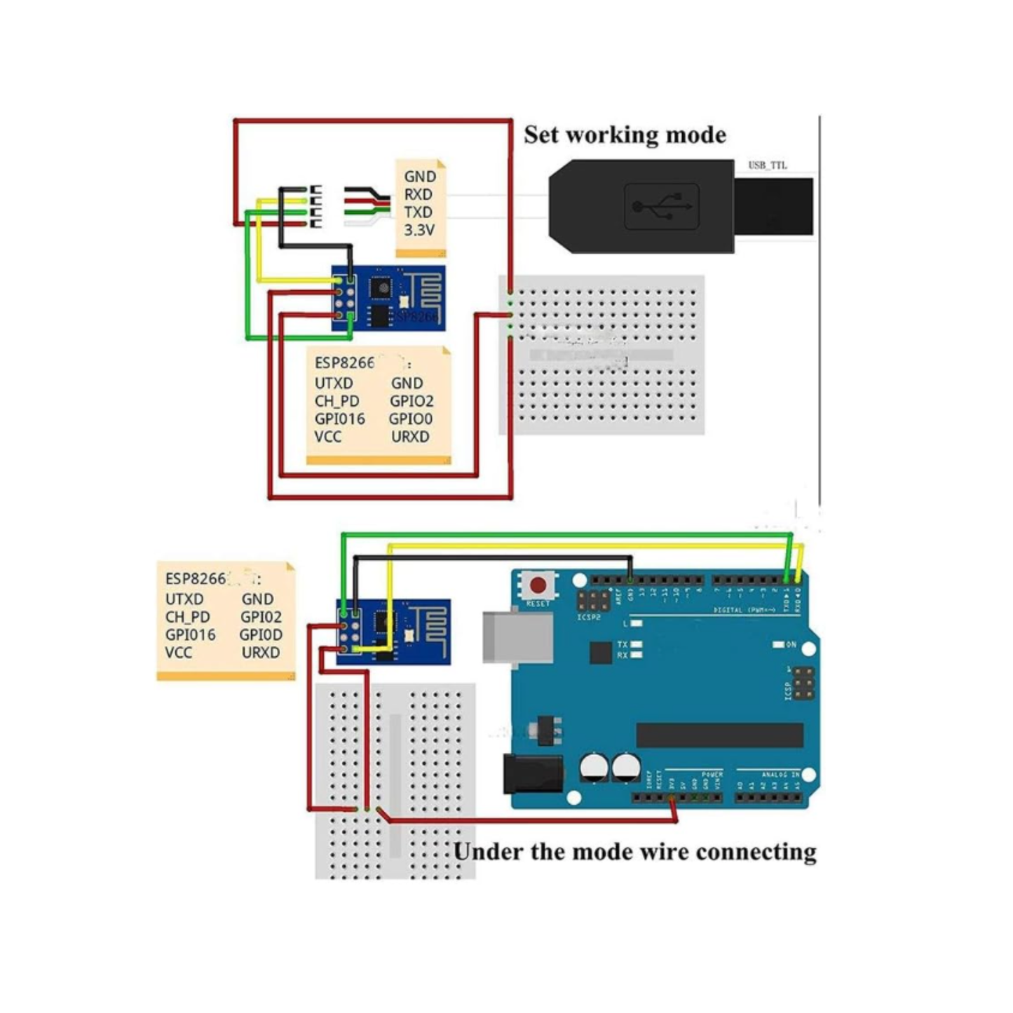 Wiring diagram for ShillehTek ESP8266 ESP-01 WiFi Module connected to Arduino board
