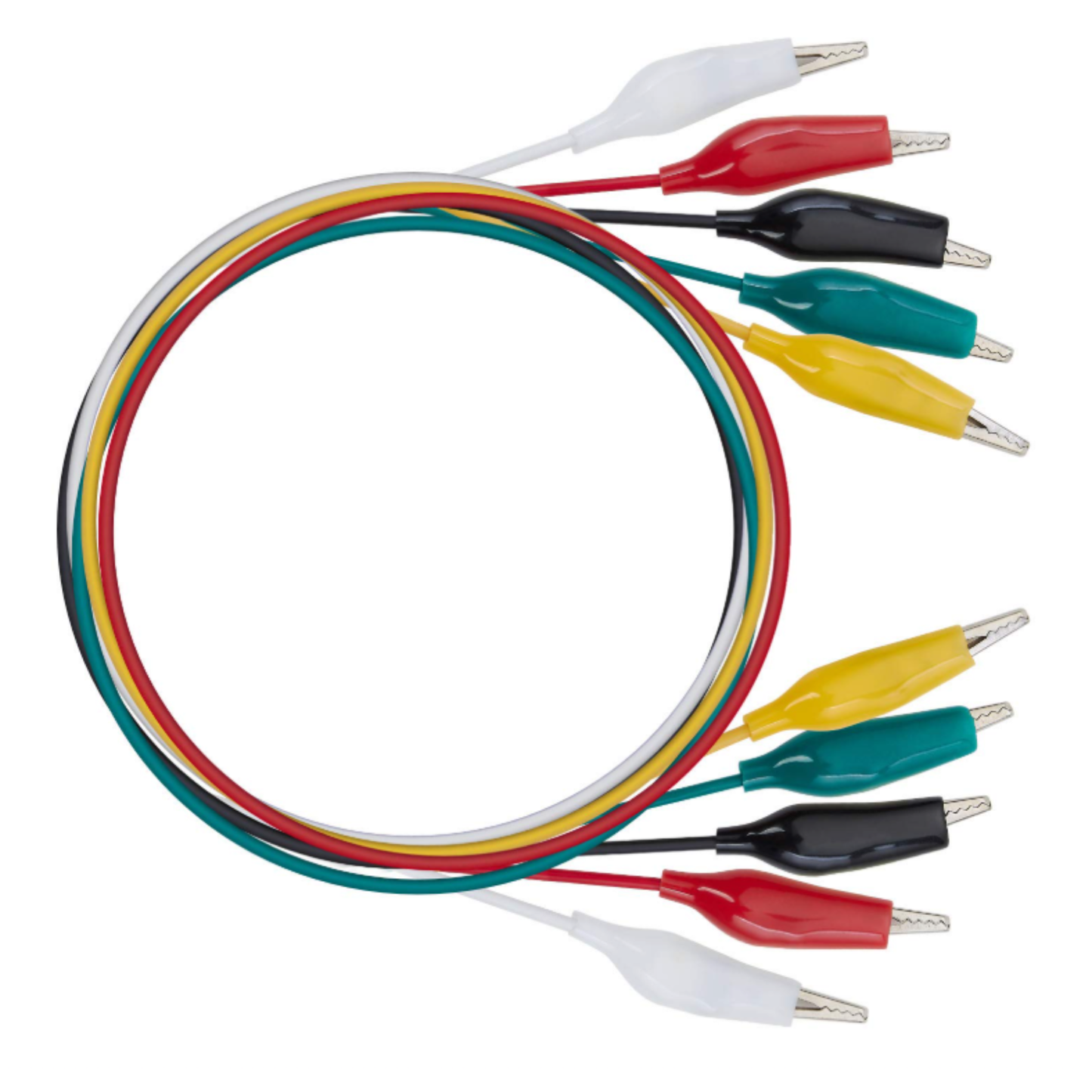 Coiled ShillehTek electrical jumper wires with alligator clips in multiple colors