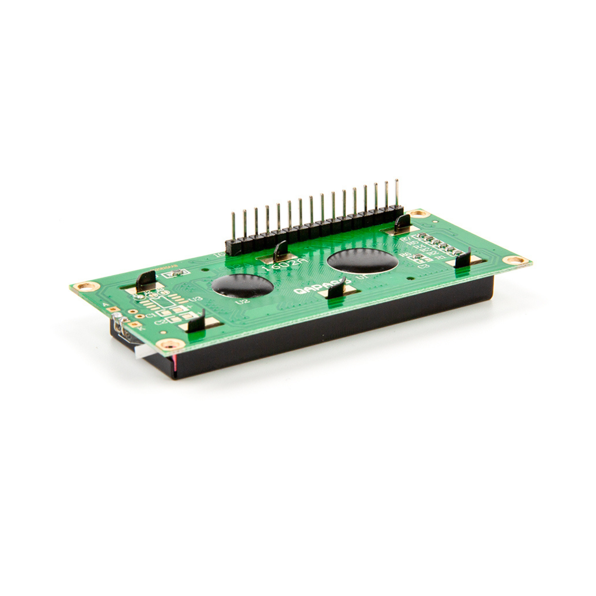 Reverse angle of ShillehTek LCD1602 16x2 LCD module showing circuitry and pins