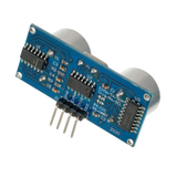 Underside angled view of ShillehTek HC-SR04 Ultrasonic Distance Sensor showing circuitry and pin connectors