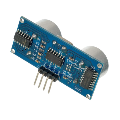 Underside angled view of ShillehTek HC-SR04 Ultrasonic Distance Sensor showing circuitry and pin connectors