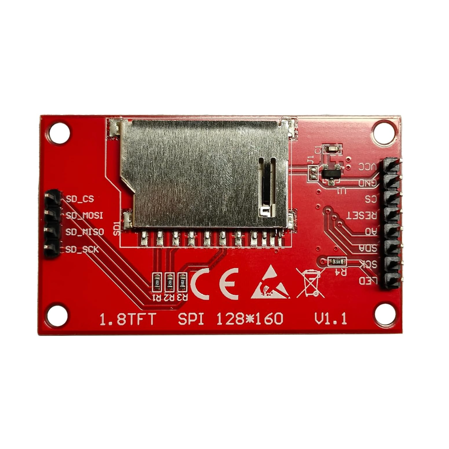 ShillehTek 1.8 inch TFT LCD display back angled view with SD card slot and pin headers